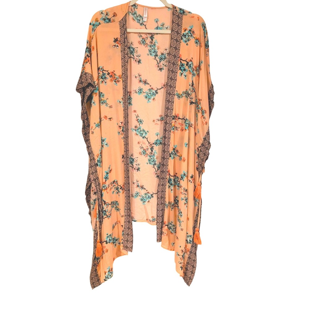 Xhilaration Peach‎ Floral Kimono Cardigan Jacket XS S Tassels Boho